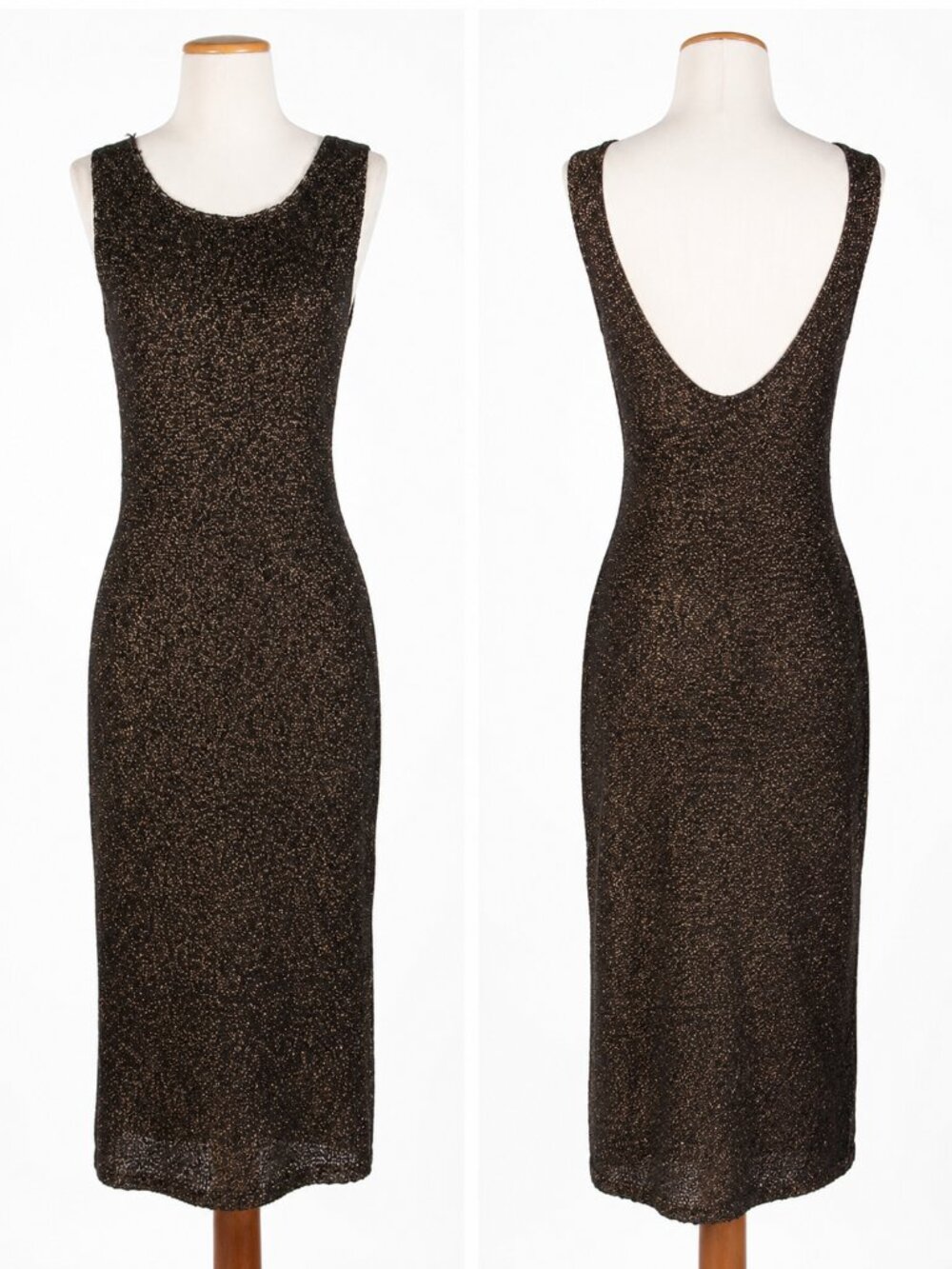 Gap Metallic Black & Gold Midi Dress | Size Small | Open Scoop Back